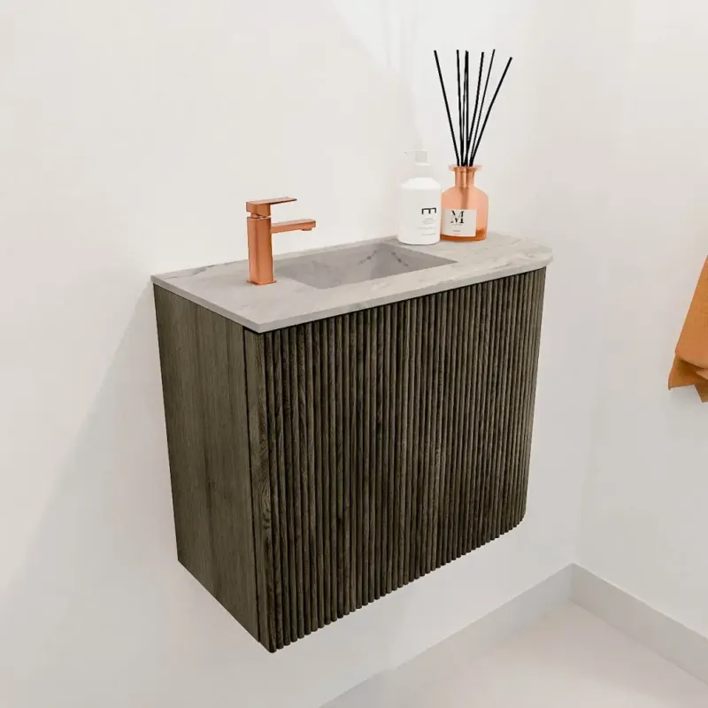 Aanbieding Mondiaz Joya DLux 50cm toiletmeubel ronding rechts shadow met wastafel faye links 1 kraangat glace