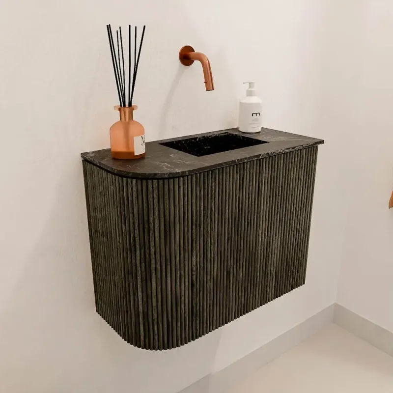 Aanbieding Mondiaz Joya DLux 50cm toiletmeubel ronding links shadow met wastafel faye rechts zonder kraangat lava