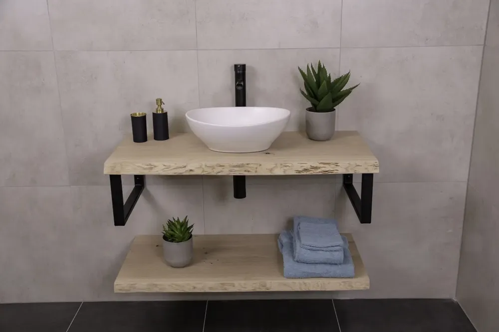 Massief eikenhouten badmeubel 80cm met enkele witte waskom Tijdelijk Beschikbaar