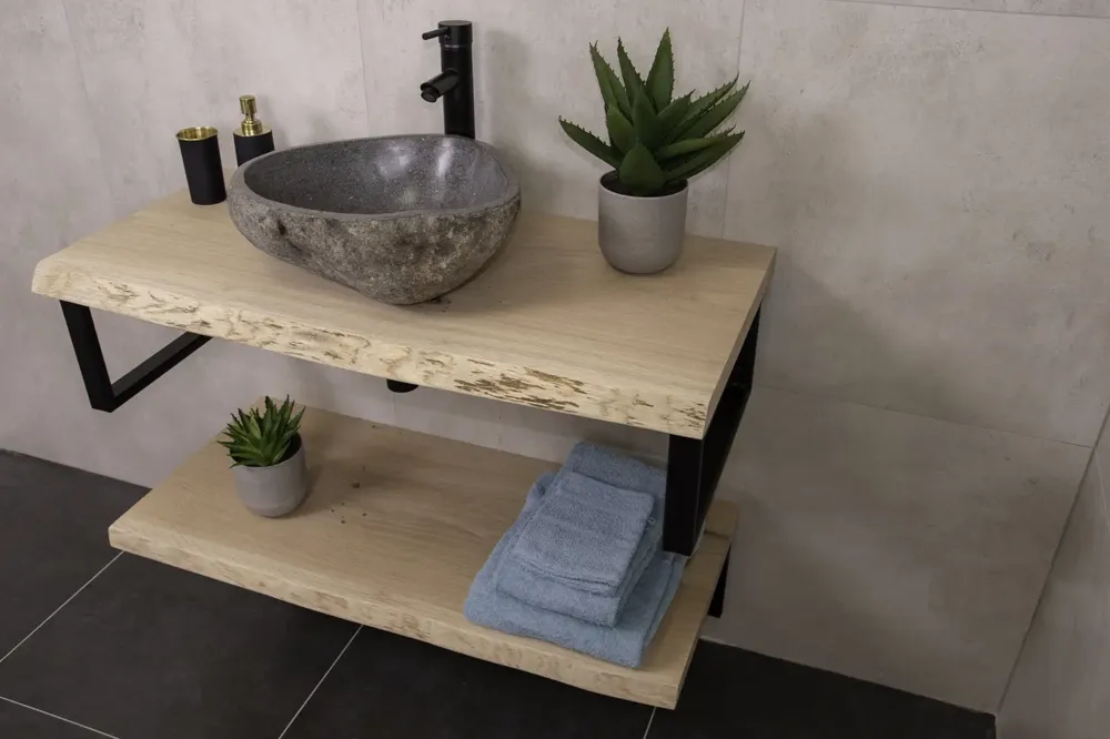 Dagaanbieding Massief eikenhouten badmeubel 60cm met rivierstenen waskom