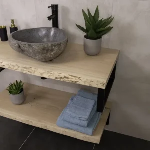 Massief eikenhouten badmeubel 90cm met enkele rivierstenen waskom Must-Have