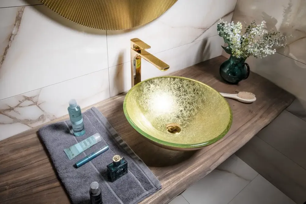 Aanbieding Sapho Mendoza glazen waskom 42cm goud met zwarte rand