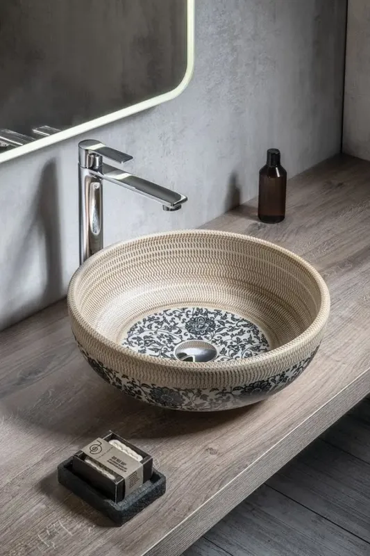 Sapho Priori keramische decoratie waskom 42cm beige met blauwe details Lage Kosten