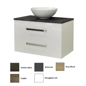 Gratis Retour Sanicare Q11 badkamermeubel met black-stone topblad 80 cm hoogglans wit