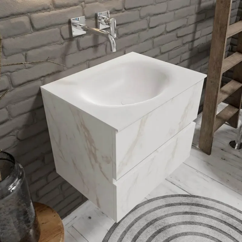 Zaro Sevilla Solid Surface badkamermeubel 60cm wit marmer zonder kraangat met 2 lades Gecertificeerd