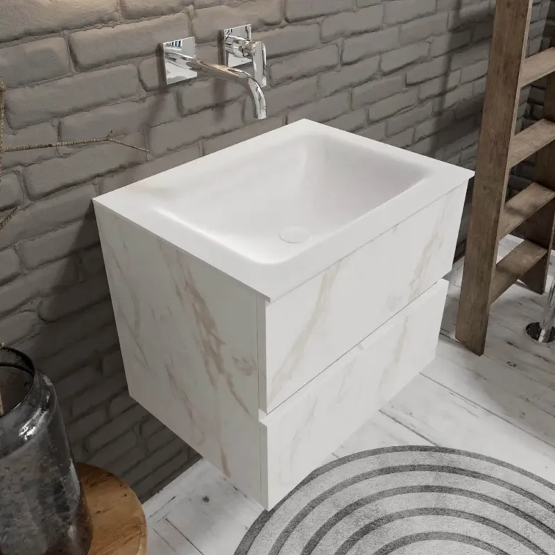 Zaro Valencia Solid Surface badkamermeubel 60cm wit marmer zonder kraangat met 2 lades Populair