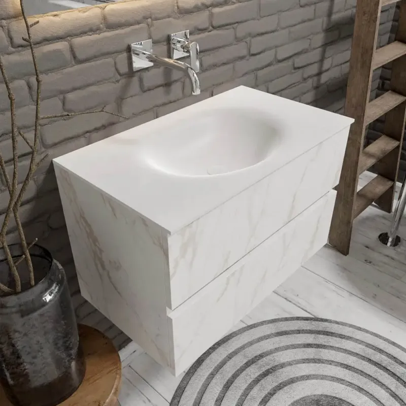 Zaro Sevilla Solid Surface badkamermeubel 80cm wit marmer zonder kraangat met 2 lades Gratis Retour