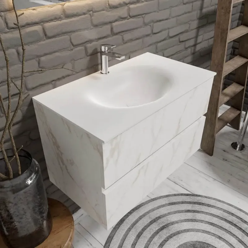 Zaro Sevilla Solid Surface badkamermeubel 80cm wit marmer 1 kraangat met 2 lades Beste Prijs
