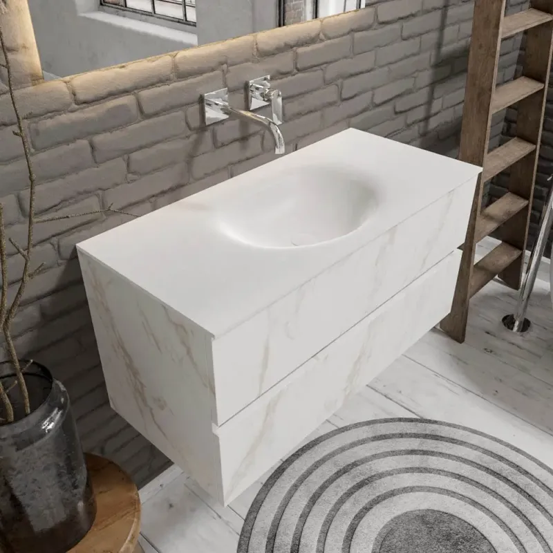 Zaro Sevilla Solid Surface badmeubel 100cm wit marmer zonder kraangat spoelbak midden met 2 lades Gecertificeerd