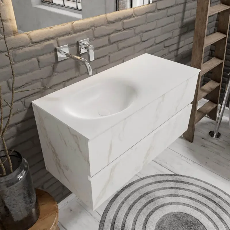 Seizoensaanbieding Zaro Sevilla Solid Surface badmeubel 100cm zonder kraangat wit marmer spoelbak links met 2 lades