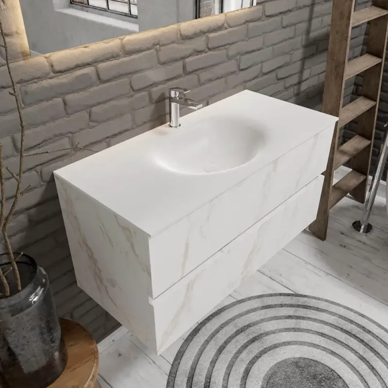 Zaro Sevilla Solid Surface badmeubel 100cm wit marmer 1 kraangat spoelbak midden met 2 lades Voordeelprijs
