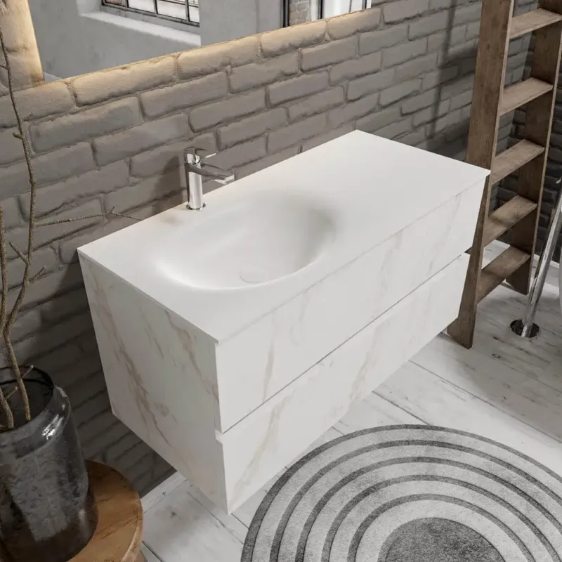 Finale Uitverkoop Zaro Sevilla Solid Surface badmeubel 100cm wit marmer 1 kraangat spoelbak links met 2 lades