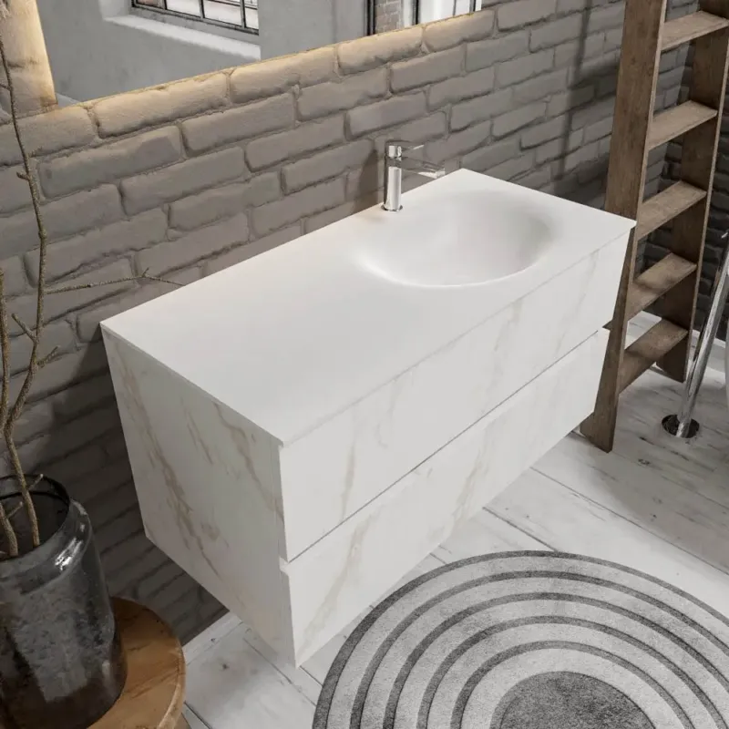 Zaro Sevilla Solid Surface badmeubel 100cm wit marmer 1 kraangat spoelbak rechts met 2 lades Nu Kopen