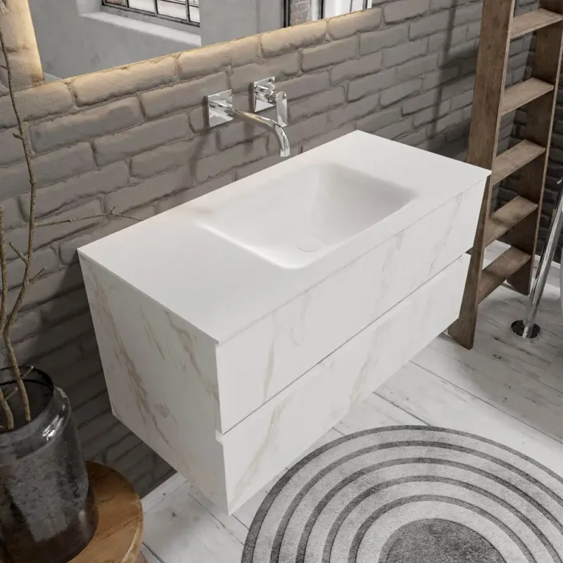 Koopje Zaro Valencia Solid Surface badmeubel 100cm wit marmer zonder kraangat spoelbak midden met 2 lades
