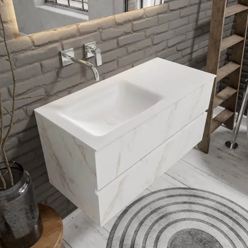 Zaro Valencia Solid Surface badmeubel 100cm wit marmer zonder kraangat spoelbak links met 2 lades Betaalbaar