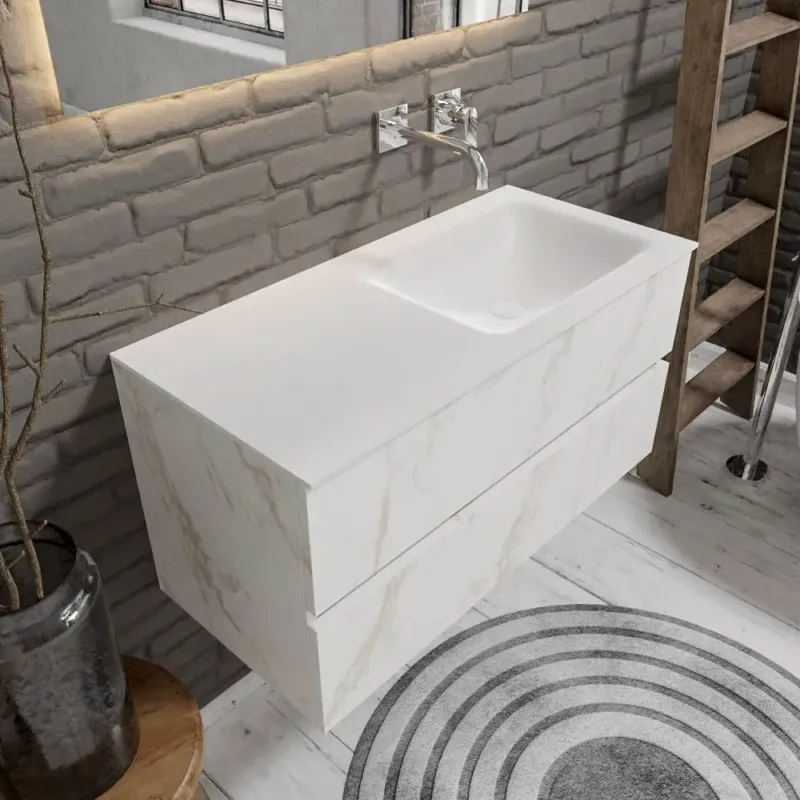 Zaro Valencia Solid Surface badmeubel 100cm wit marmer zonder kraangat spoelbak rechts met 2 lades Koopje