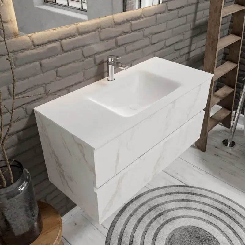 Zaro Valencia Solid Surface badmeubel 100cm wit marmer 1 kraangat spoelbak midden met 2 lades Favoriet
