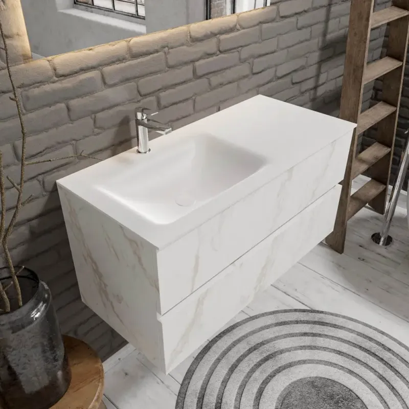Direct Beschikbaar Zaro Valencia Solid Surface badmeubel 100cm wit marmer 1 kraangat spoelbak links met 2 lades