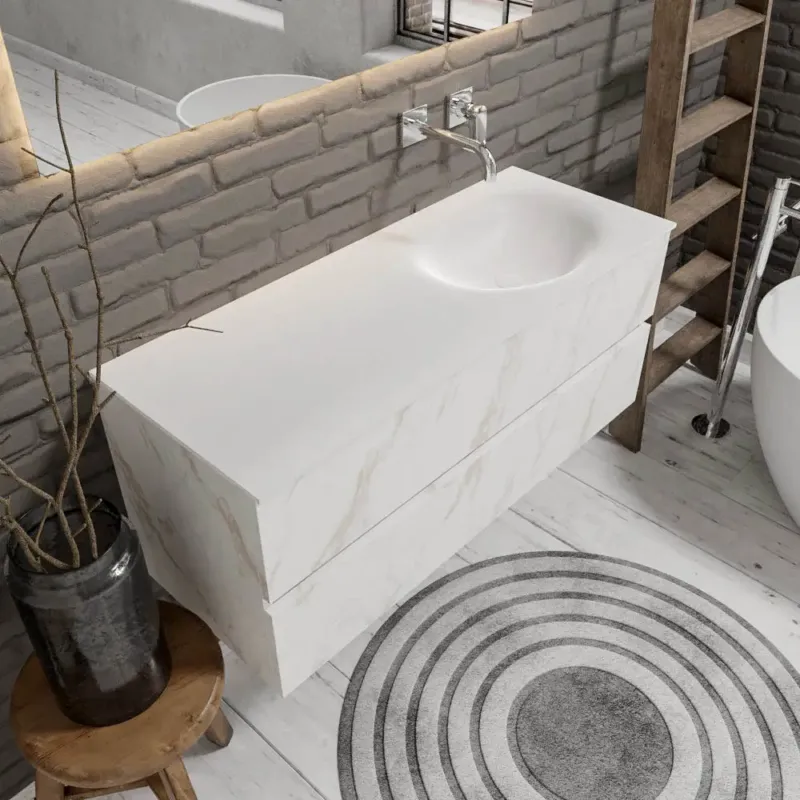 Zaro Sevilla Solid Surface badmeubel 120cm wit marmer zonder kraangat spoelbak rechts met 2 lades Superprijs