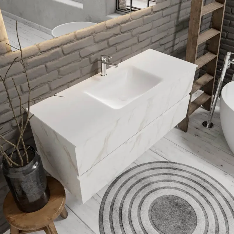 Zaro Valencia Solid Surface badmeubel 120cm wit marmer 1 kraangat spoelbak midden met 2 lades Tijdelijk Beschikbaar