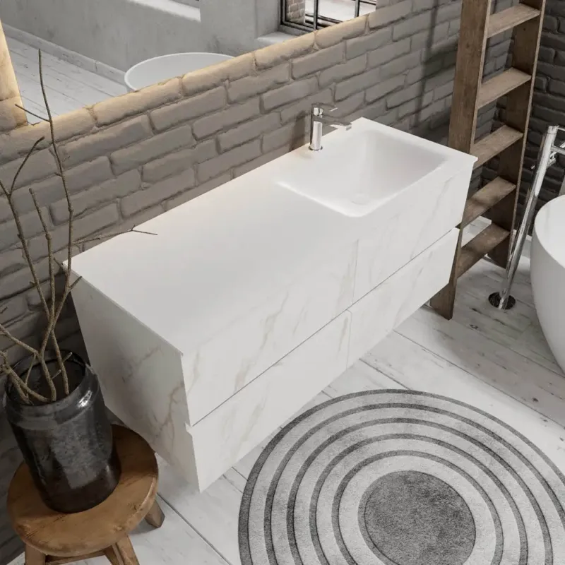 Koop Vandaag Zaro Valencia Solid Surface badmeubel 120cm mat wit marmer 1 kraangat spoelbak rechts met 4 lades