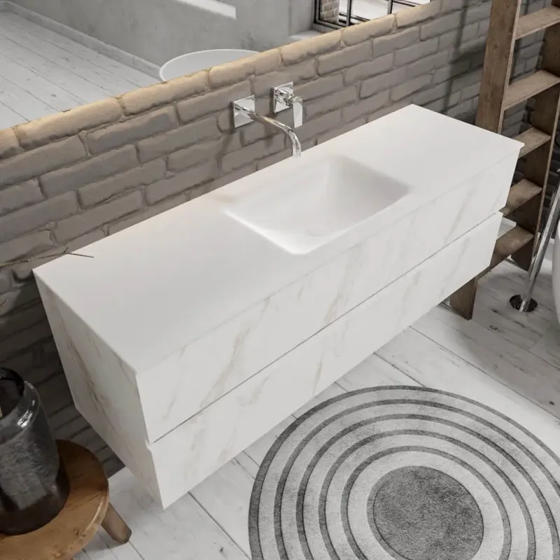 Zaro Valencia Solid Surface badmeubel 150cm wit marmer zonder kraangat spoelbak midden met 2 lades Goedkoop