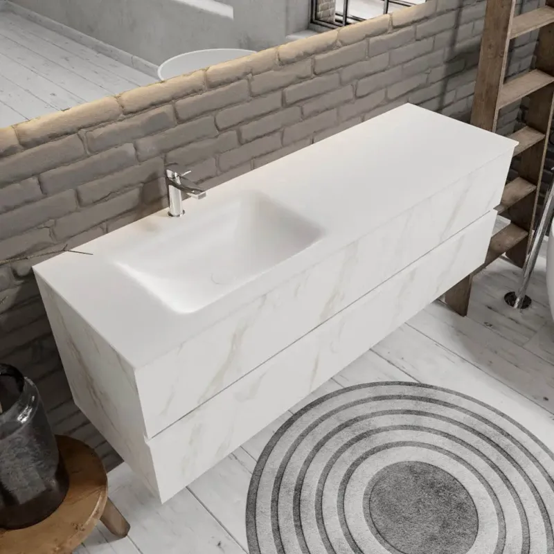 Zaro Valencia Solid Surface badmeubel 150cm wit marmer 1 kraangat spoelbak links met 2 lades Alleen Vandaag