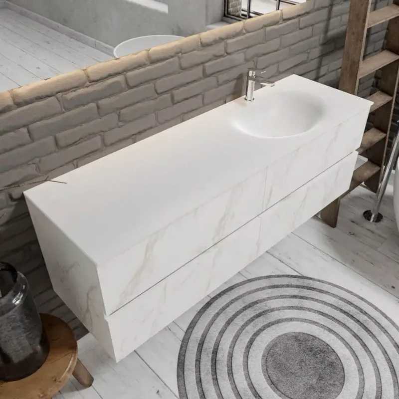 Fabrieksprijs Zaro Sevilla Solid Surface badmeubel 150cm mat wit marmer 1 kraangat spoelbak rechts met 4 lades