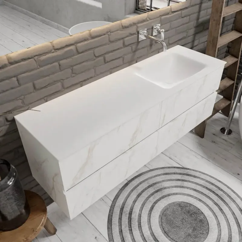 Zaro Valencia Solid Surface badmeubel 150cm mat wit marmer zonder kraangat spoelbak rechts met 4 lades Bestel Nu