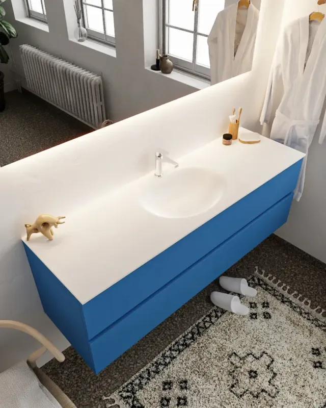 Bestel Nu Mondiaz Vica 150cm badmeubel jeans 2 lades wastafel Moon midden met 1 kraangat