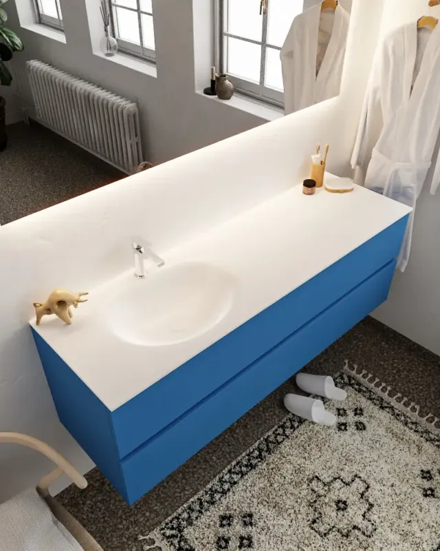 Mondiaz Vica 150cm badmeubel jeans 2 lades wastafel Moon links met 1 kraangat Op = Op