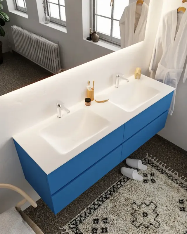 Mondiaz Vica 150cm badmeubel jeans 4 lades wastafel Cloud dubbel 2 kraangaten Weekendaanbieding