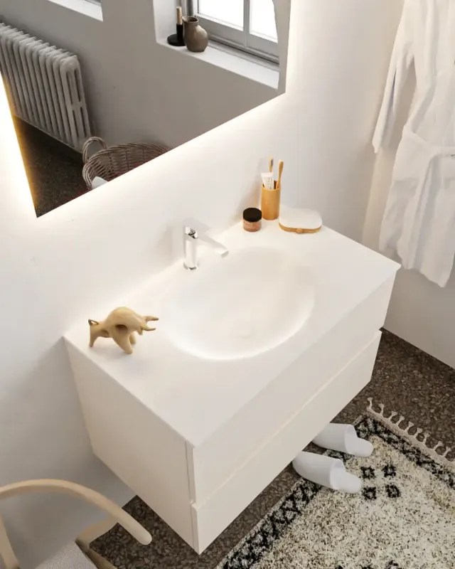 Aanbieding Mondiaz Vica 80cm badmeubel linen 2 lades wastafel Moon midden met 1 kraangat