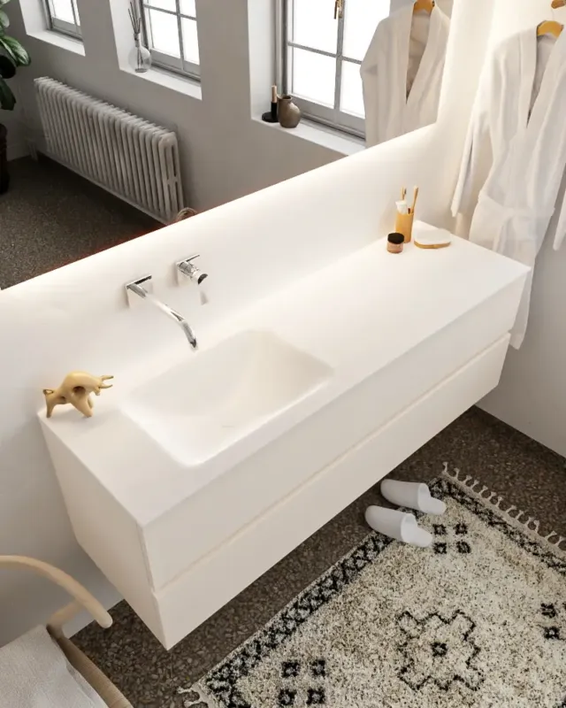 Must-Have Mondiaz Vica 150cm badmeubel linen 2 lades wastafel Cloud links zonder kraangat
