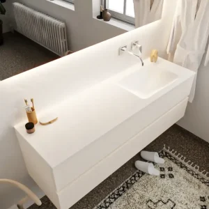 Aanbieding Mondiaz Vica 150cm badmeubel linen 2 lades wastafel Cloud rechts zonder kraangat