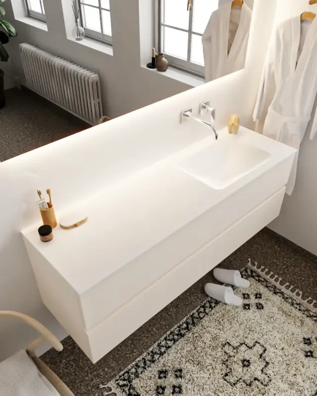 Aanbieding Mondiaz Vica 150cm badmeubel linen 2 lades wastafel Cloud rechts zonder kraangat