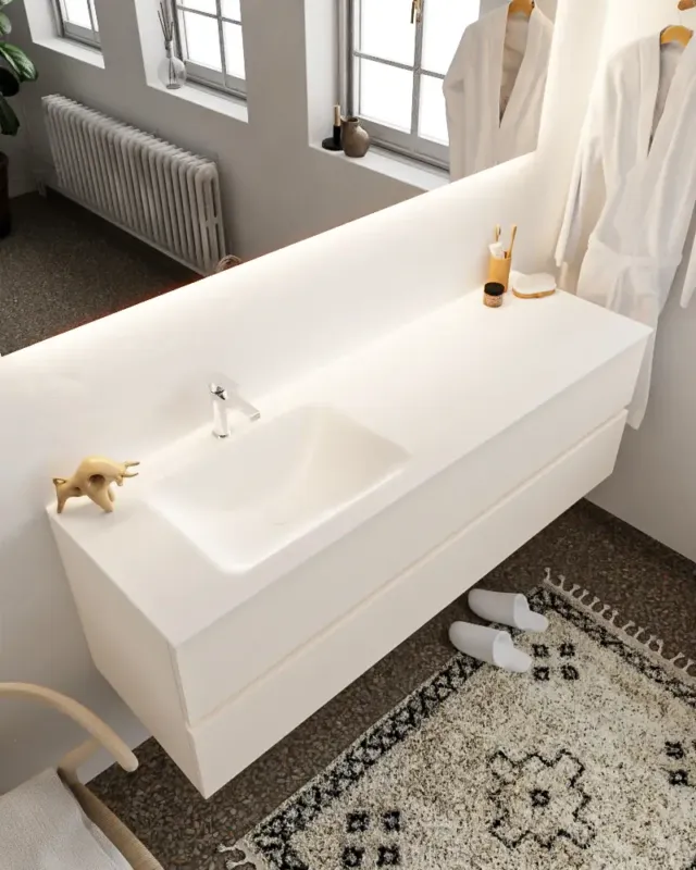 Nu Kopen Mondiaz Vica 150cm badmeubel linen 2 lades wastafel Cloud links met 1 kraangat