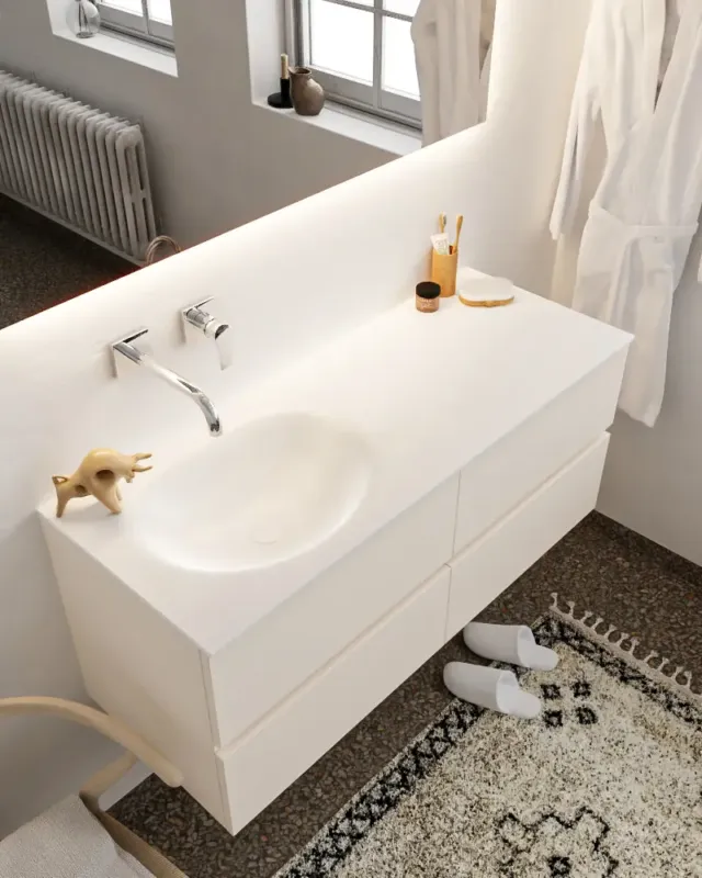Bestseller Mondiaz Vica 120cm badmeubel linen 4 lades wastafel Moon links zonder kraangat