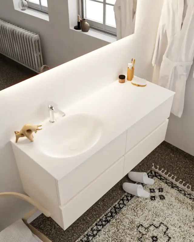 Mondiaz Vica 120cm badmeubel linen 4 lades wastafel Moon links met 1 kraangat Koop Online
