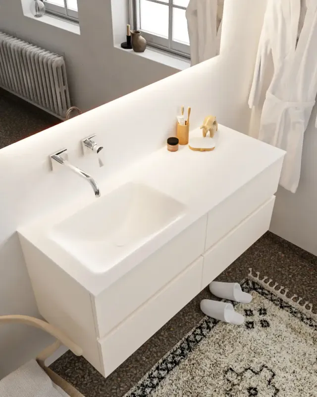 Koopje Mondiaz Vica 120cm badmeubel linen 4 lades wastafel Cloud links zonder kraangat