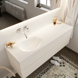 Alleen Vandaag Mondiaz Vica 150cm badmeubel linen 4 lades wastafel Moon links zonder kraangat