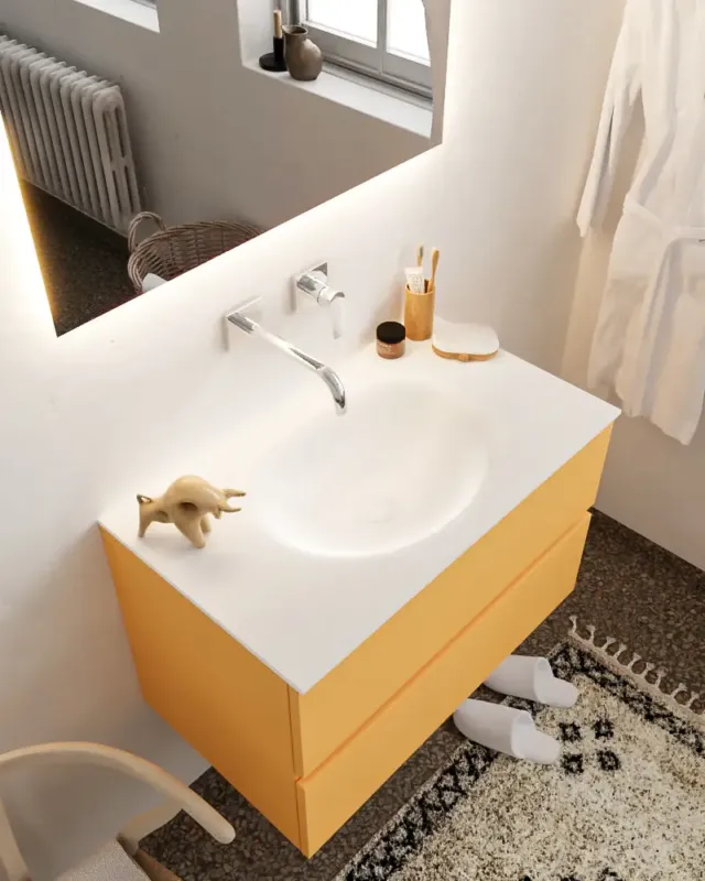 Voordeelprijs Mondiaz Vica 80cm badmeubel ocher 2 lades wastafel Moon midden zonder kraangat