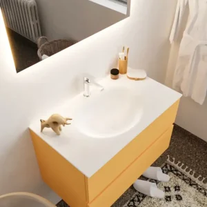 Voordeelprijs Mondiaz Vica 80cm badmeubel ocher 2 lades wastafel Moon midden met 1 kraangat