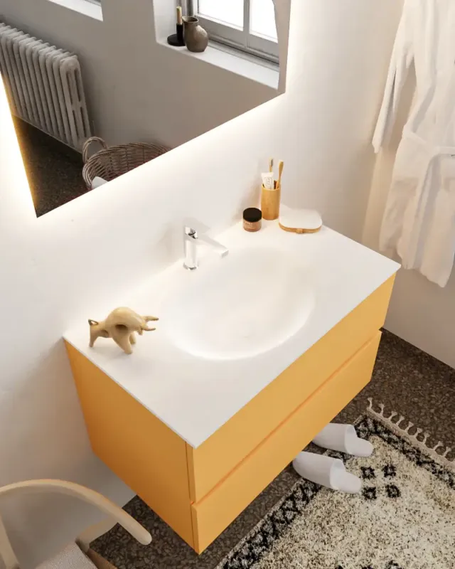 Voordeelprijs Mondiaz Vica 80cm badmeubel ocher 2 lades wastafel Moon midden met 1 kraangat
