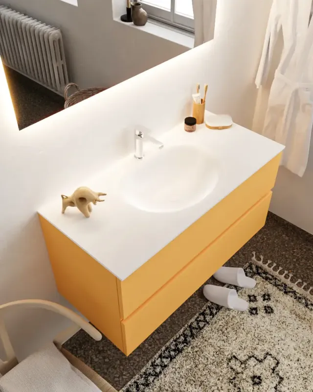 Koopje Mondiaz Vica 100cm badmeubel ocher 2 lades wastafel Moon midden met 1 kraangat