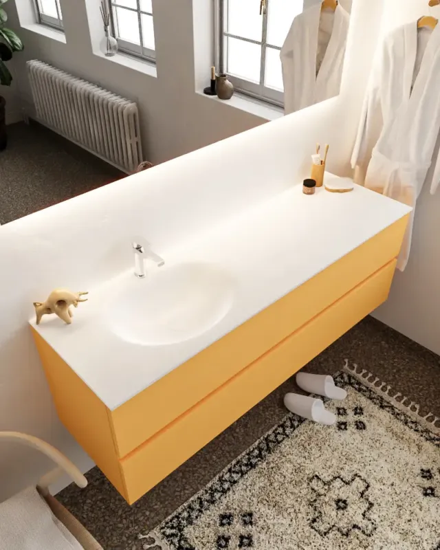 Mondiaz Vica 150cm badmeubel ocher 2 lades wastafel Moon links met 1 kraangat Flitsaanbieding