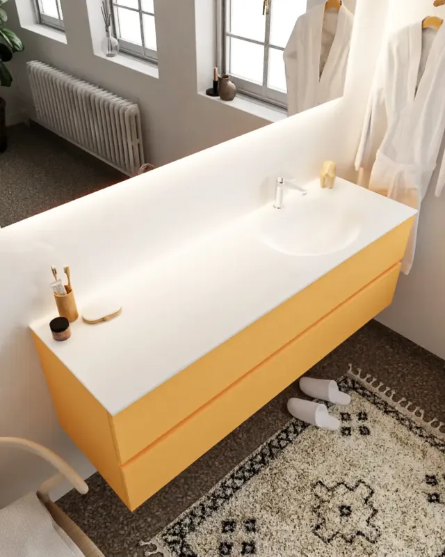 Mondiaz Vica 150cm badmeubel ocher 2 lades wastafel Moon rechts met 1 kraangat Koop Vandaag