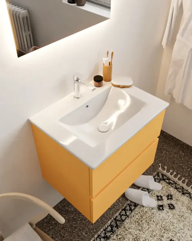 Mondiaz Vica 60cm badmeubel ocher 2 lades wastafel Denia midden met 1 kraangat Nu Kopen