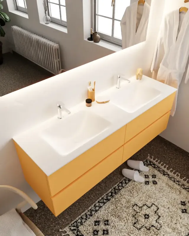Mondiaz Vica 150cm badmeubel ocher 4 lades wastafel Cloud dubbel 2 kraangaten Exclusieve Aanbieding