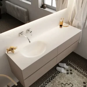 Alleen Vandaag Mondiaz Vica 150cm badmeubel smoke 4 lades wastafel Moon links zonder kraangat